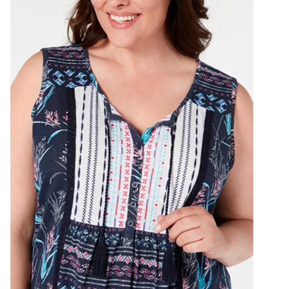 NWT Style &Co Macys Floral Embroidered Tassel Tank - Picture 3 of 6